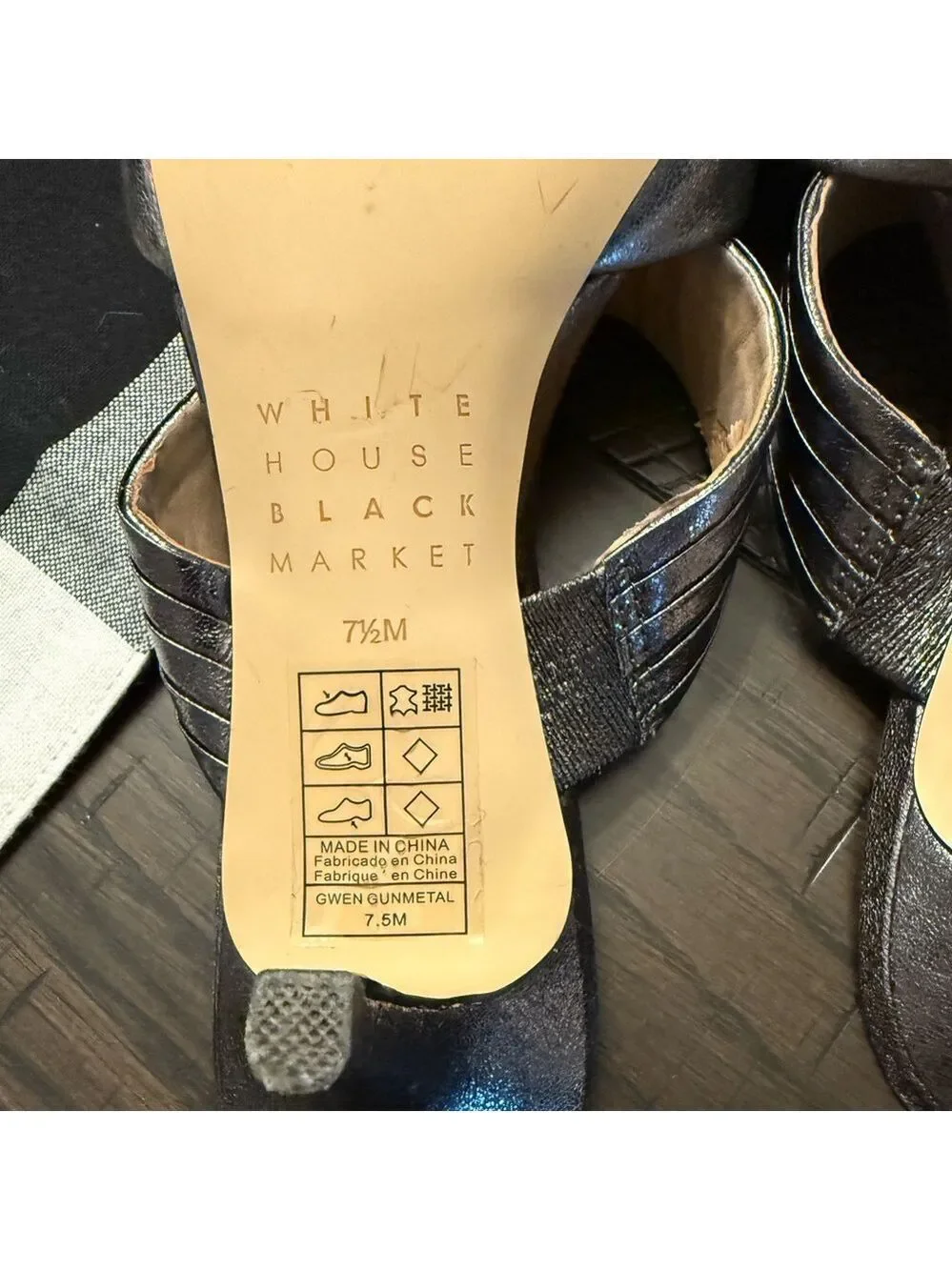 White House, black market gunmetal, Heeled Mules 7.5 excellent condition.